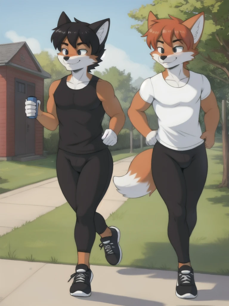 Furry, fox, male, twins, black leggings, white shirt, jogging outside the house, teen