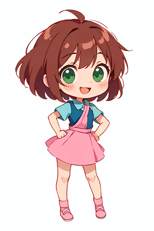 simple chibi style drawing of a cute girl smiling doing a straight pose while standing, wearing a blue blouse and pink skirt, brown hair and green eyes, chibi style full body