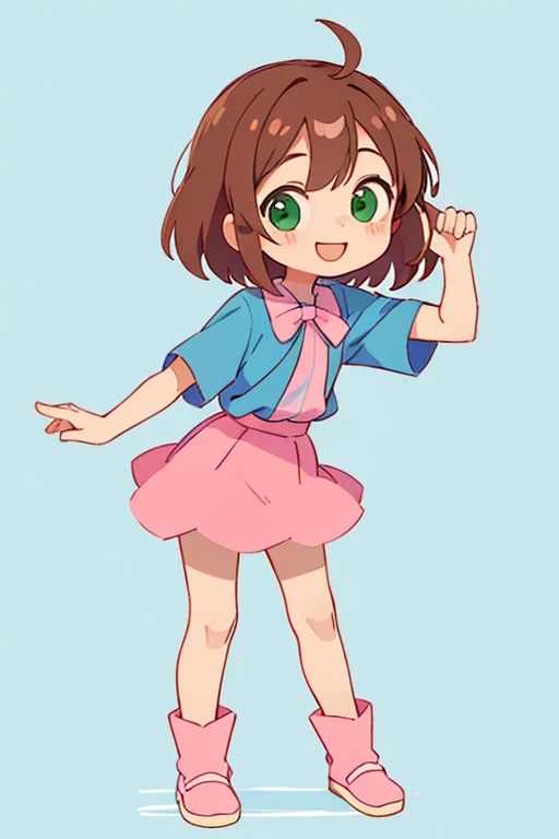 simple chibi style drawing of a cute girl smiling doing a straight pose while standing, wearing a blue blouse and pink skirt, brown hair and green eyes, chibi style full body