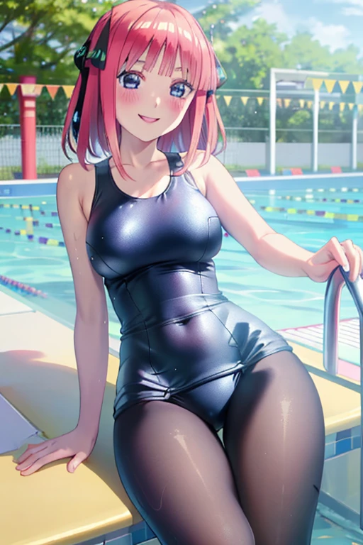 masterpiece, best quality, insanely detailed, beautiful, nino nakano, one-piece swimsuit, breasts, pantyhose, blush, smile, (outdoor swimming pool:1.3), legs spread