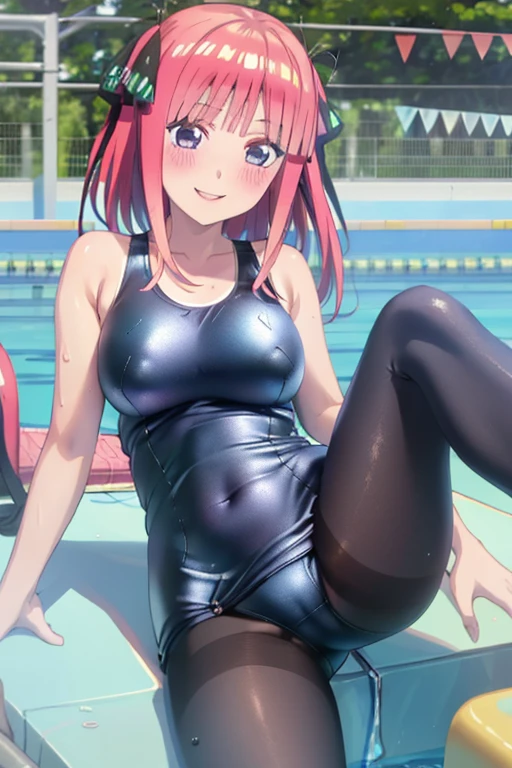 masterpiece, best quality, insanely detailed, beautiful, nino nakano, one-piece swimsuit, breasts, pantyhose, blush, smile, (outdoor swimming pool:1.3), legs spread