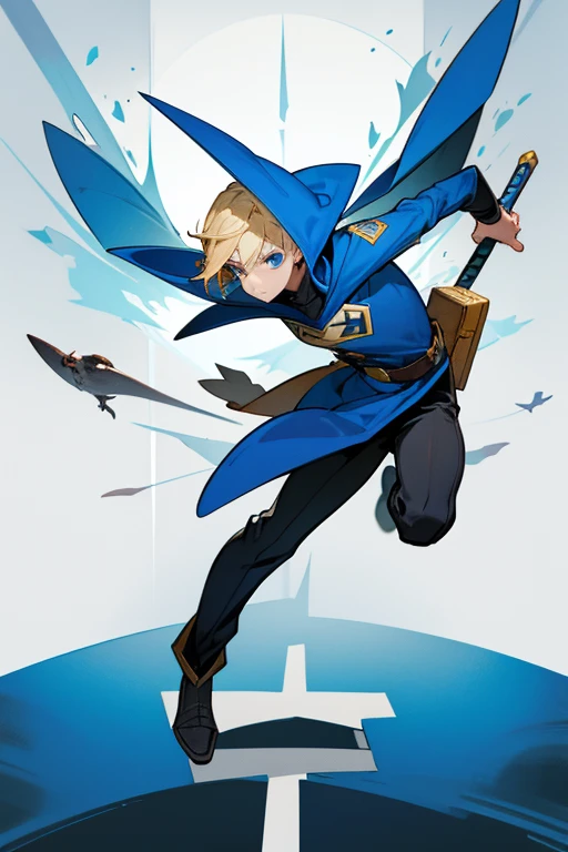 12 year old boy, blond hair, blue eyes, full body, woodpecker cowl, robin costume , wonder boy, antihero, domino mask, woodpecker missile,