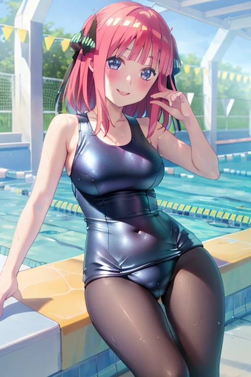 masterpiece, best quality, insanely detailed, beautiful, nino nakano, one-piece swimsuit, breasts, pantyhose, blush, smile, (outdoor swimming pool:1.3), legs spread