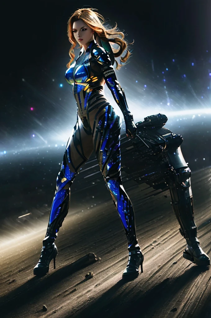 A lovely woman in skin tight cyber armor, posing with high tech weapons, star light gleaming, action poses, advanced futuristic technology, cinematic lighting, intricate details, photorealistic, 8k, hyper detailed, dramatic composition, dynamic energy, cinematic atmosphere, vibrant colors, moody lighting, sci-fi, digital art
