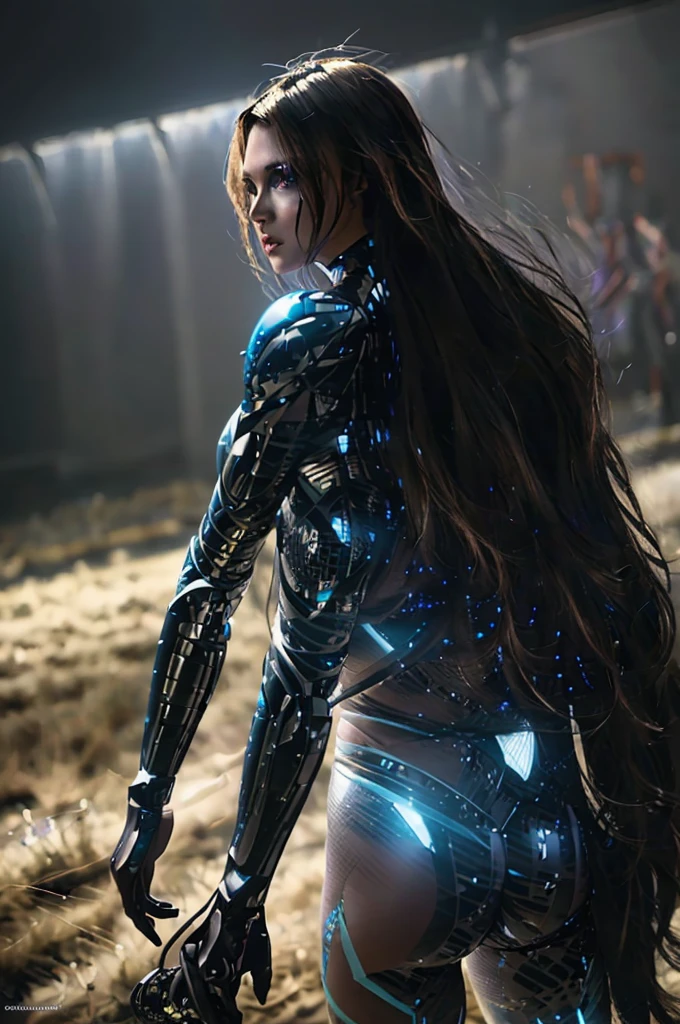 A lovely woman in skin tight cyber armor, posing with high tech weapons, star light gleaming, action poses, advanced futuristic technology, cinematic lighting, intricate details, photorealistic, 8k, hyper detailed, dramatic composition, dynamic energy, cinematic atmosphere, vibrant colors, moody lighting, sci-fi, digital art
