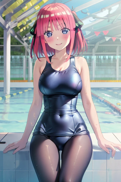 masterpiece, best quality, insanely detailed, beautiful, nino nakano, one-piece swimsuit, breasts, pantyhose, blush, smile, (outdoor swimming pool:1.3), legs spread