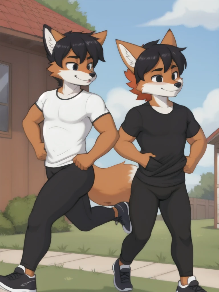 Furry, fox, male, twins, black leggings, white shirt, jogging outside the house,