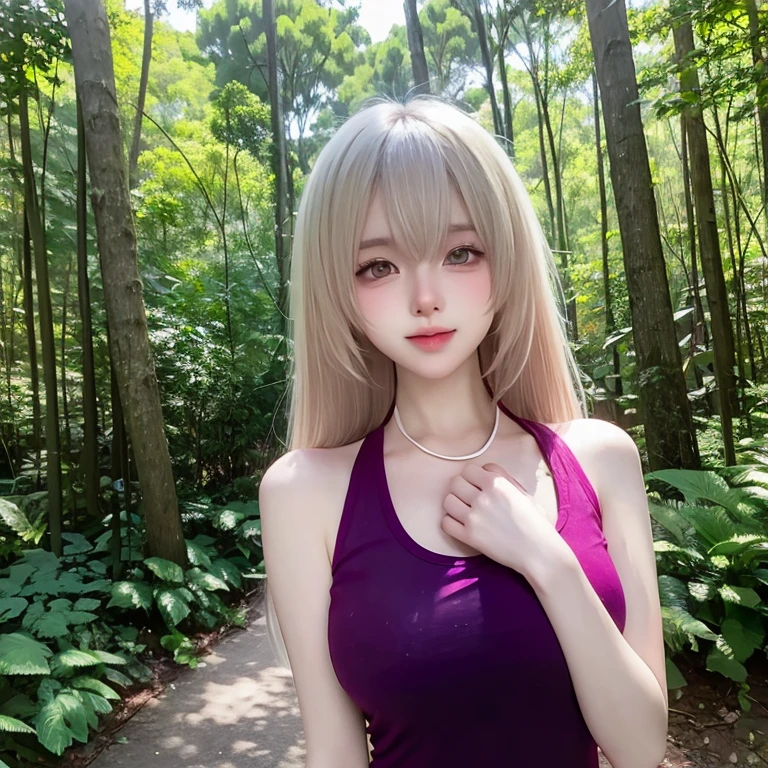 Create a charming illustration of a beautiful woman wearing a tank top, Dense forest as background. Ensures the tranquil beauty of the natural surroundings is captured，While focusing on the fine details of the subject. Blurred background