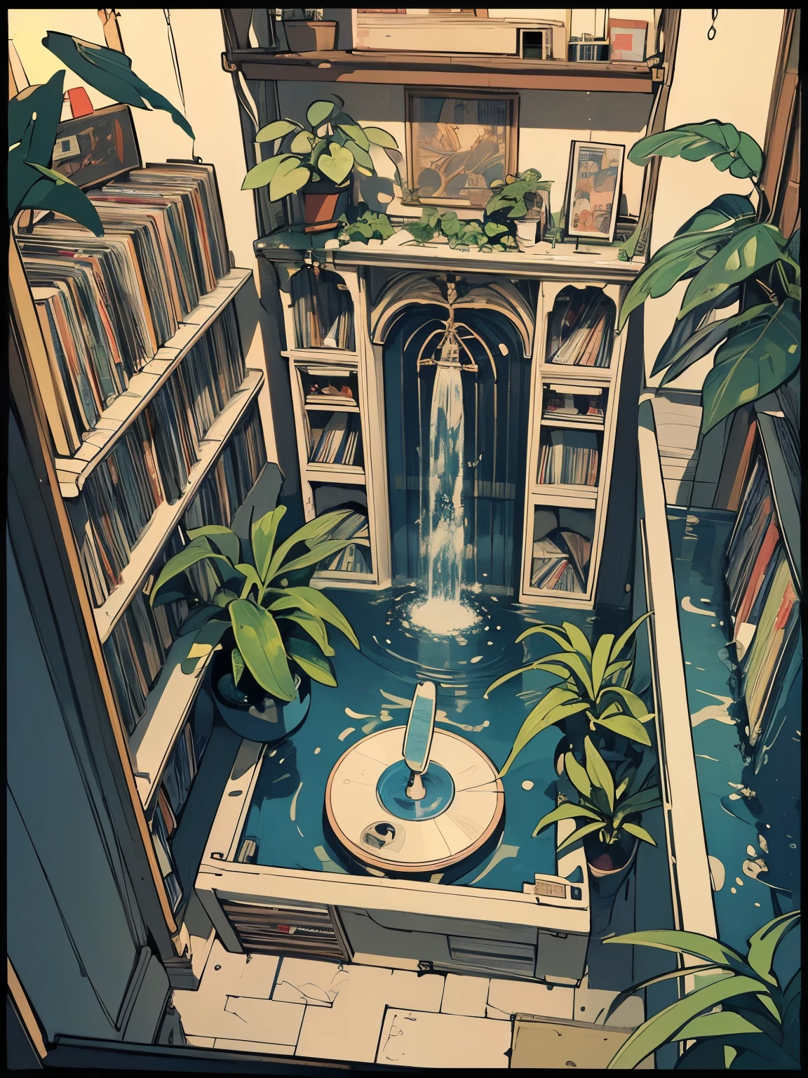extreme quality, masterpiece, unity 8k wallpaper, depth of field, ultra detailed,high-resolution, (((unattended))), space, movie poster, (((record store))), nostalgia, panorama, long shot, (((records on the shelves.))), (((Various angles))),Future Interior,(((Plants))),(((water fountain))), (((overhead shot)))