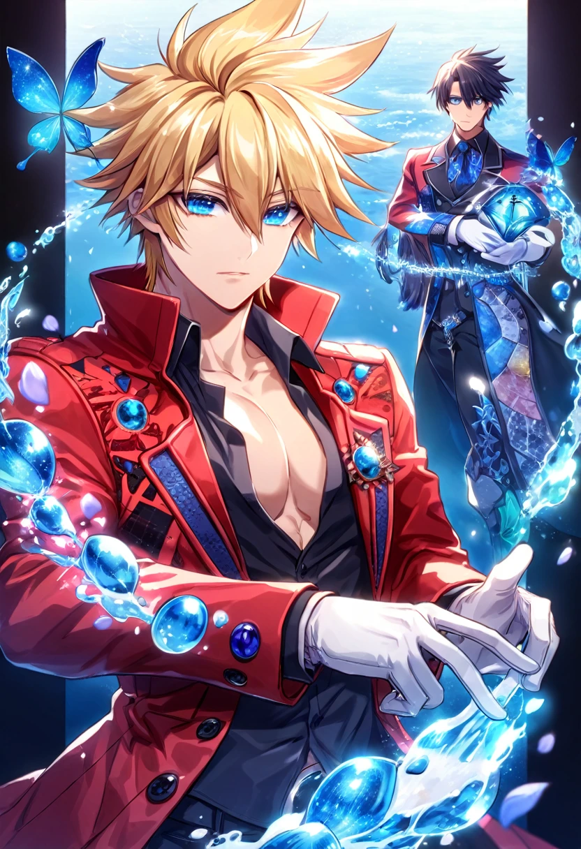 Ultra detailed, highres, absurdres, HDR, master piece, Spectra Phantom, blond spiked hair, middle hair, expressive blue eyes, Bakugan New Vestroia, red jacket with black fur, white gloves, black shirt with patterns, fantasy, petals, blue flowers, glittering blue butterflies, water, sexy man, handsome, magic, best quality, extremely detailed face and eyes, solo, toned chest