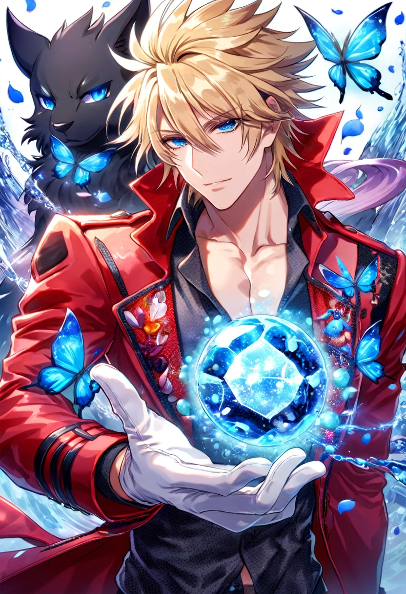 Ultra detailed, highres, absurdres, HDR, master piece, Spectra Phantom, blond spiked hair, middle hair, expressive blue eyes, Bakugan New Vestroia, red jacket with black fur, white gloves, black shirt with patterns, fantasy, petals, blue flowers, glittering blue butterflies, water, sexy man, handsome, magic, best quality, extremely detailed face and eyes, solo, toned chest