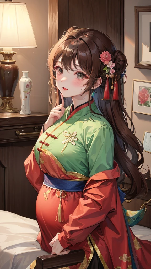 masterpiece, best quality, married woman， aldult, Chinese style, China, elder sister,  Smile, hairpin，brown hair, Princess，Full of motherhood，China传统服饰，purely，blush，Dignified yet lively，Mother，Hands on the stomach，thin lips，Mature，pregnancy
