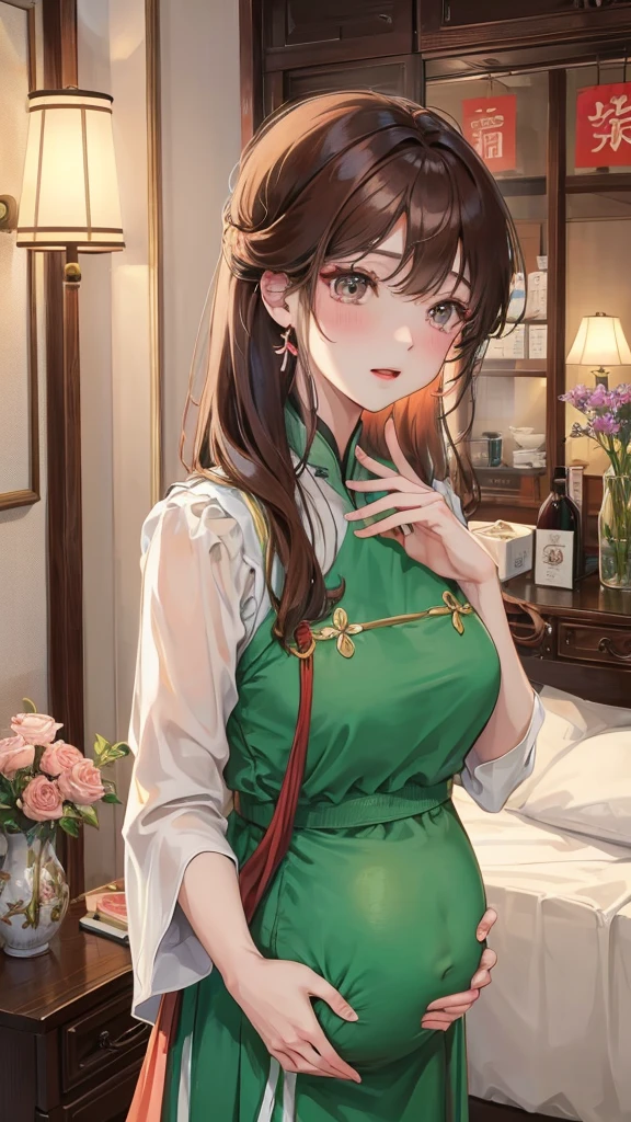 绝代夜满月1女China风姐妹御姐微笑棕发Princess剪麻花辫双丸浅粉红唇, calm, Intellectuals, Zhongfa, Green Student, hairpin, Peach Blossom, Red clothes，masterpiece, best quality, Married woman， aldult, China人, China, elder sister,   hairpin，brown hair, Princess，Full of motherly love，purely，blush，Enthusiastic，Mother，Mature，fine，wife，Pantyhose，Shy，Happy，Endearing，发hairpin，Double tail，，Pregnant
