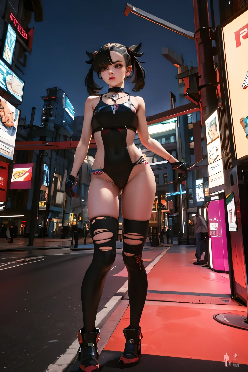 Marnie (pokemon), masterpiece, best quality, highres, marnie, aqua eyes, choker, red ribbon, Side bangs, black hair, much hair, lether jacket, fingerless gloves, leotard, pink leggins, panam palmer clothes, torn clothes, Wide hips, cameltoe, slender figure, outdoors, only head and shoulders, magazine style, cyberpunk City backgrond, London, at the night city.