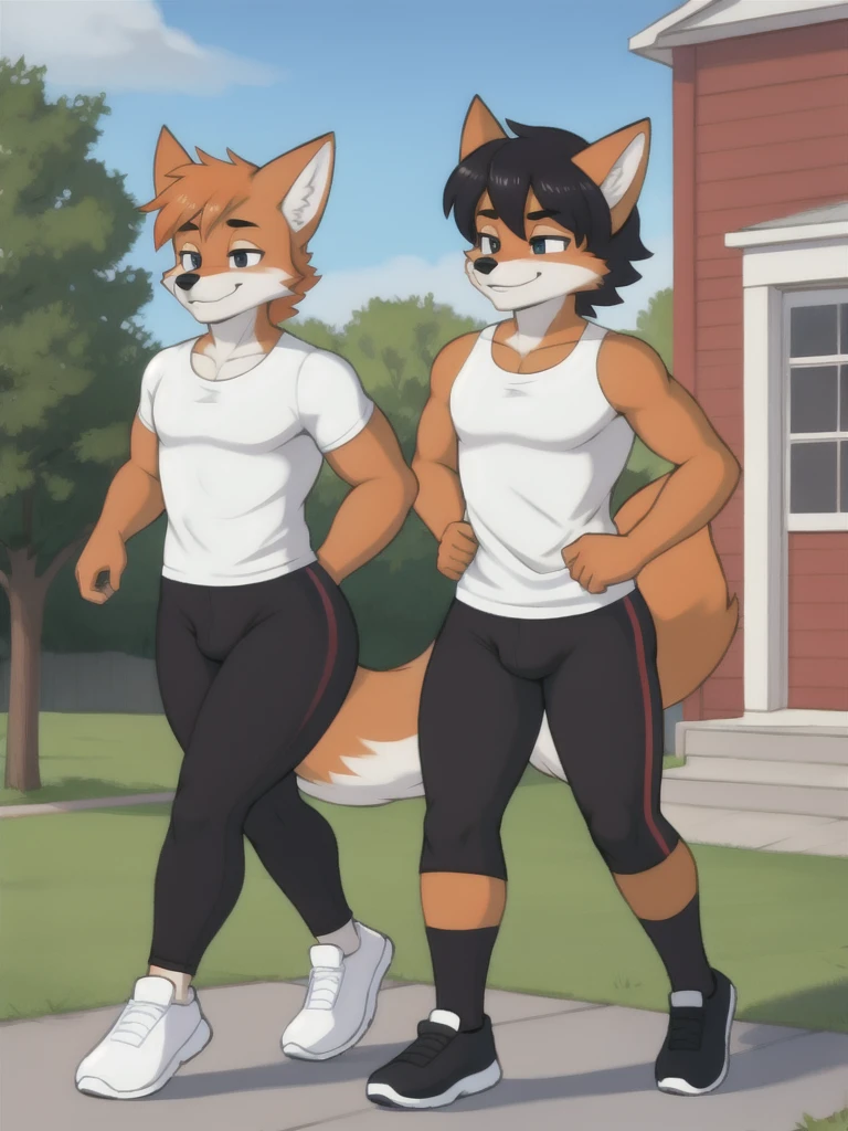 Furry, fox, male, twins, black leggings, white shirt, jogging outside the house, 