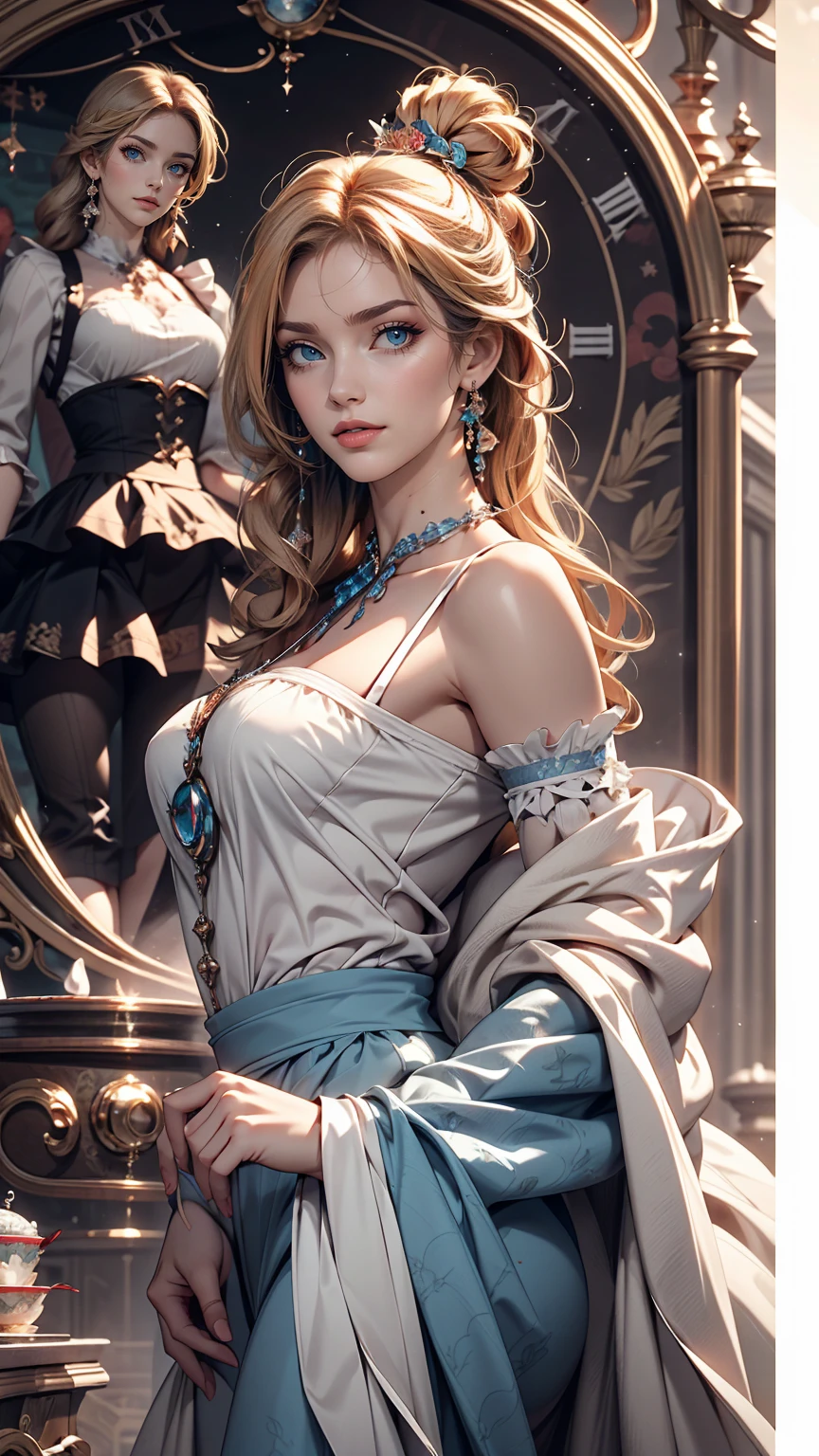 Blue delicate eyes, Alice in Wonderland、Sexy proportions、Provocative facial expression、Clock Object Background