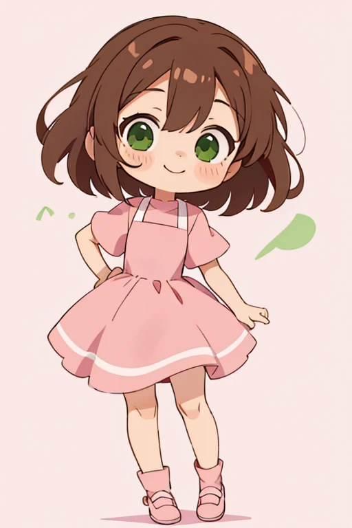 simple chibi style drawing of a cute girl smiling doing a straight pose while standing, wearing a pink dress, brown hair and green eyes, chibi style full body