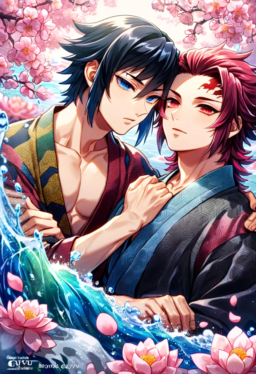 absurdres, highres, ultra detailed, HDR, master piece, best quality, Uchiha Sasuke, black hair, expressive red eyes, Naruto Shippuden, Uzumaki Naruto, blonde hair, expressive turquoise eyes, two sexy men together, gay couple, yaoi, handsome, toned chest, black coat, akatsuki, magical, fantasy, shining, water, pink flowers, blossoms, pink butterflies, pink petals