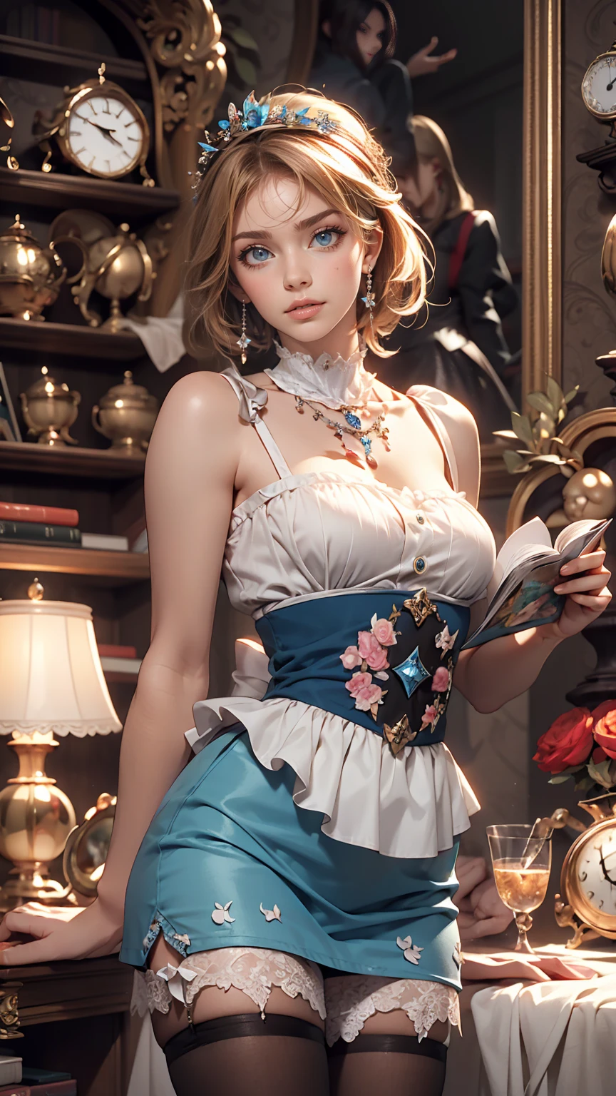 Blue delicate eyes, Alice in Wonderland、Sexy proportions、Provocative facial expression、Clock Object Background