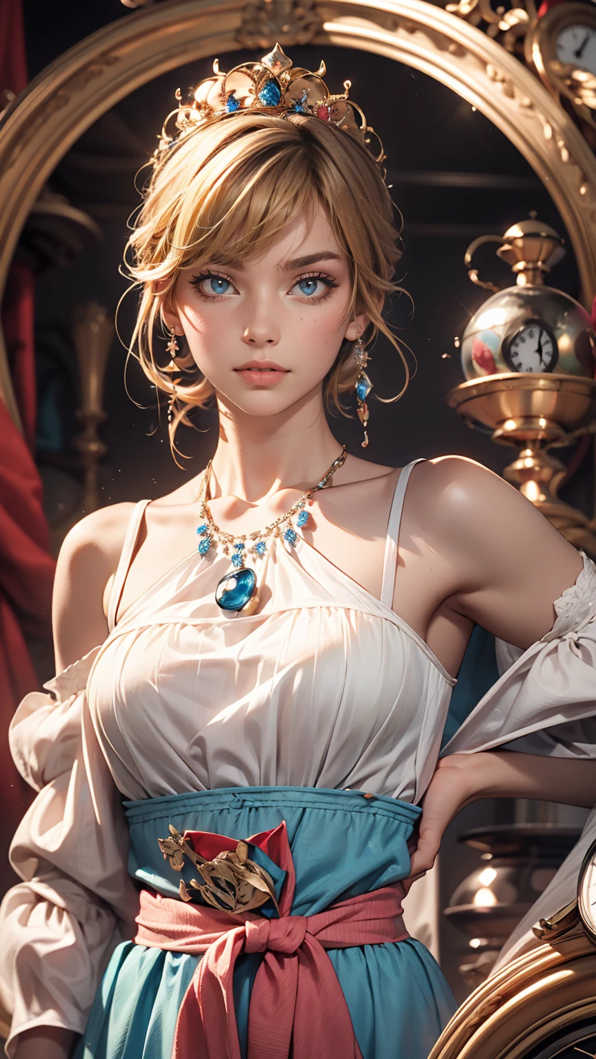 Blue delicate eyes, Alice in Wonderland、Sexy proportions、Provocative facial expression、Clock Object Background