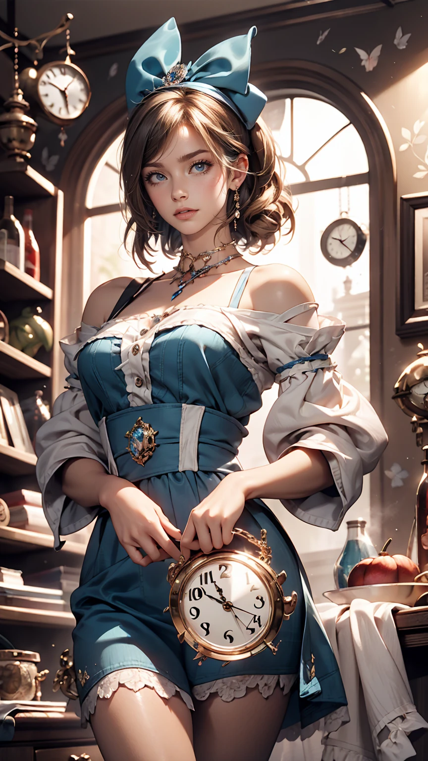 Blue delicate eyes, Alice in Wonderland、Sexy proportions、Provocative facial expression、Clock Object Background