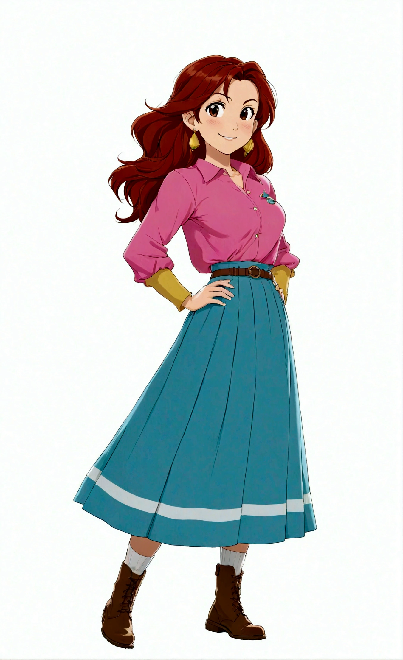 1girl, solo, long hair, ???????, looking at viewer, smile, skirt, simple background, brown hair, shirt, long sleeves, white background, jewelry, standing, full body, earrings, boots, blue skirt, brown footwear, arms behind back, pink shirt, long skirt