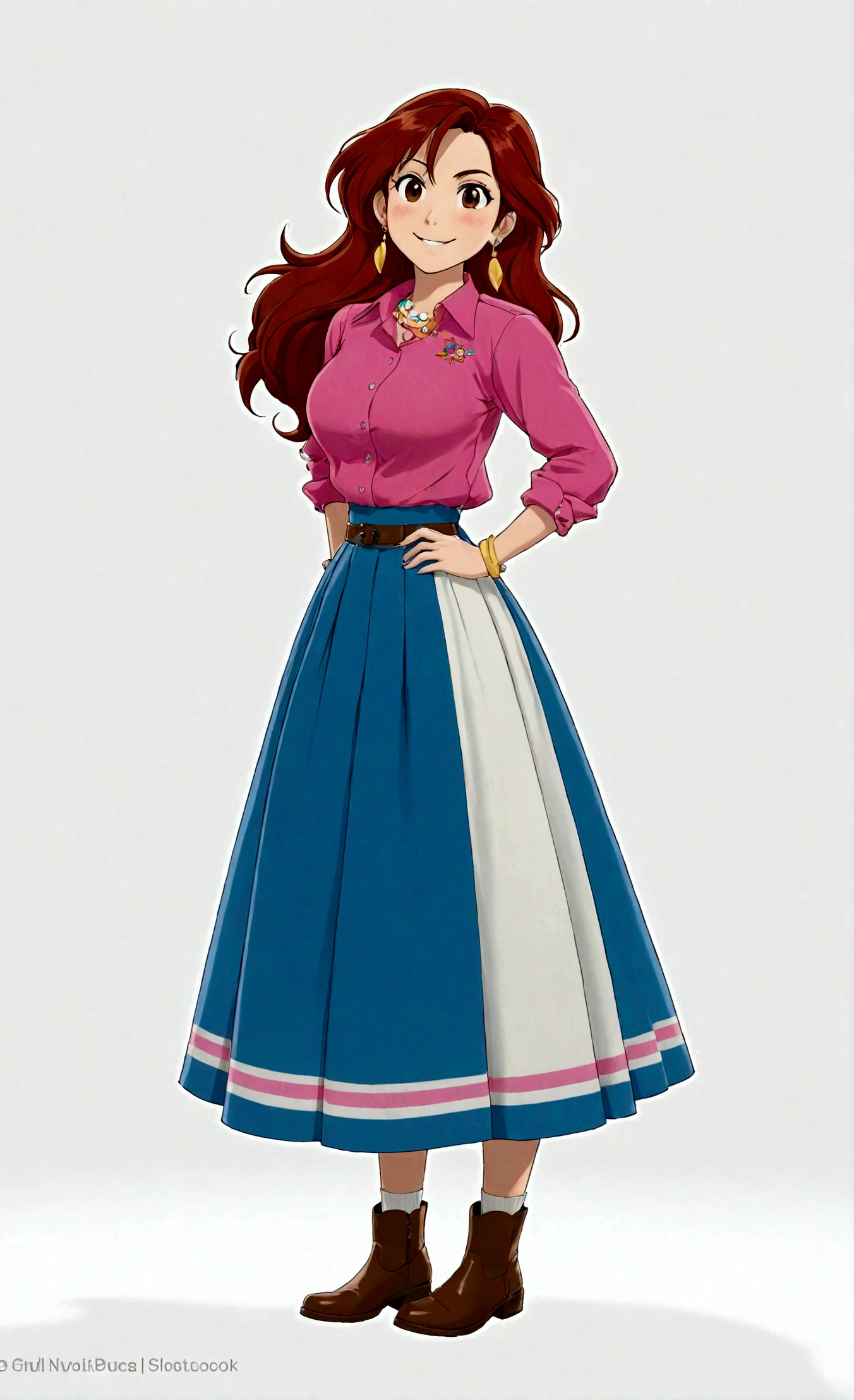 1girl, solo, long hair, breasts, looking at viewer, smile, skirt, simple background, brown hair, shirt, long sleeves, white background, jewelry, standing, full body, earrings, boots, blue skirt, brown footwear, arms behind back, pink shirt, long skirt