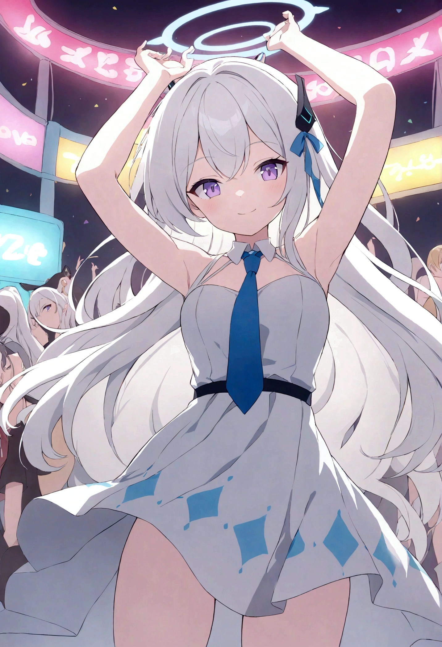 A girl is dancing, music festival, flowy dress, swaying to the rhythm, cowboy shot, under the neon lights, light_up, looking at viewer, light_smile, solo_focus, hsix style, (halo:1.2), headgear, (long_hair), white_hair, purple_eyes, aanoa, blue necktie,