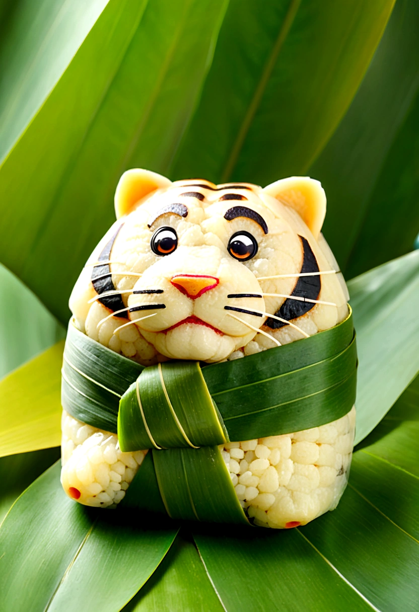 A tiger-shaped rice dumpling, zoingzi, Glutinous rice texture, Light yellow, (((the lower half of the body is wrapped in tapered leaves))), made of glutinous rice, has a cute expression, the head sticking out of the leaves, equidistant, cartoon-style, Macro Lens, studio light, bold color scheme