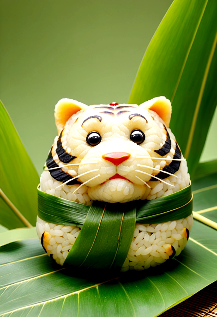 A tiger-shaped rice dumpling, zoingzi, Glutinous rice texture, Light yellow, (((the lower half of the body is wrapped in tapered leaves))), made of glutinous rice, has a cute expression, the head sticking out of the leaves, equidistant, cartoon-style, Macro Lens, studio light, bold color scheme
