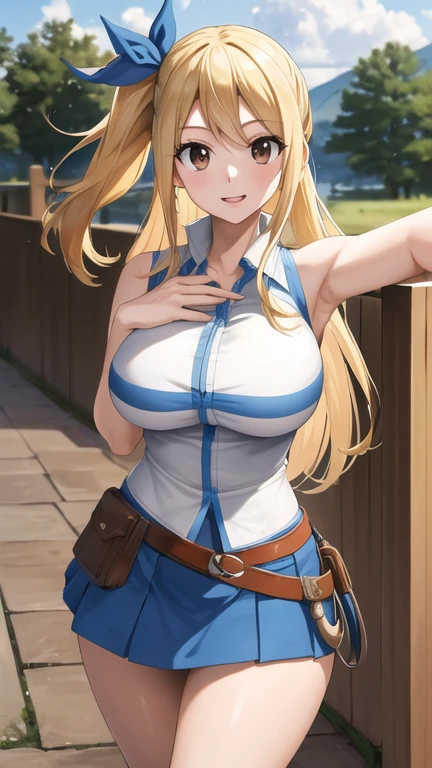 masterpiece, best quality, highres, lucy heartfilia, 1girl, solo, blonde hair, brown eyes, long hair, hair ribbon, large breasts, white shirt, sleeveless, belt, blue skirt, cowboy shot, standing, outdoors