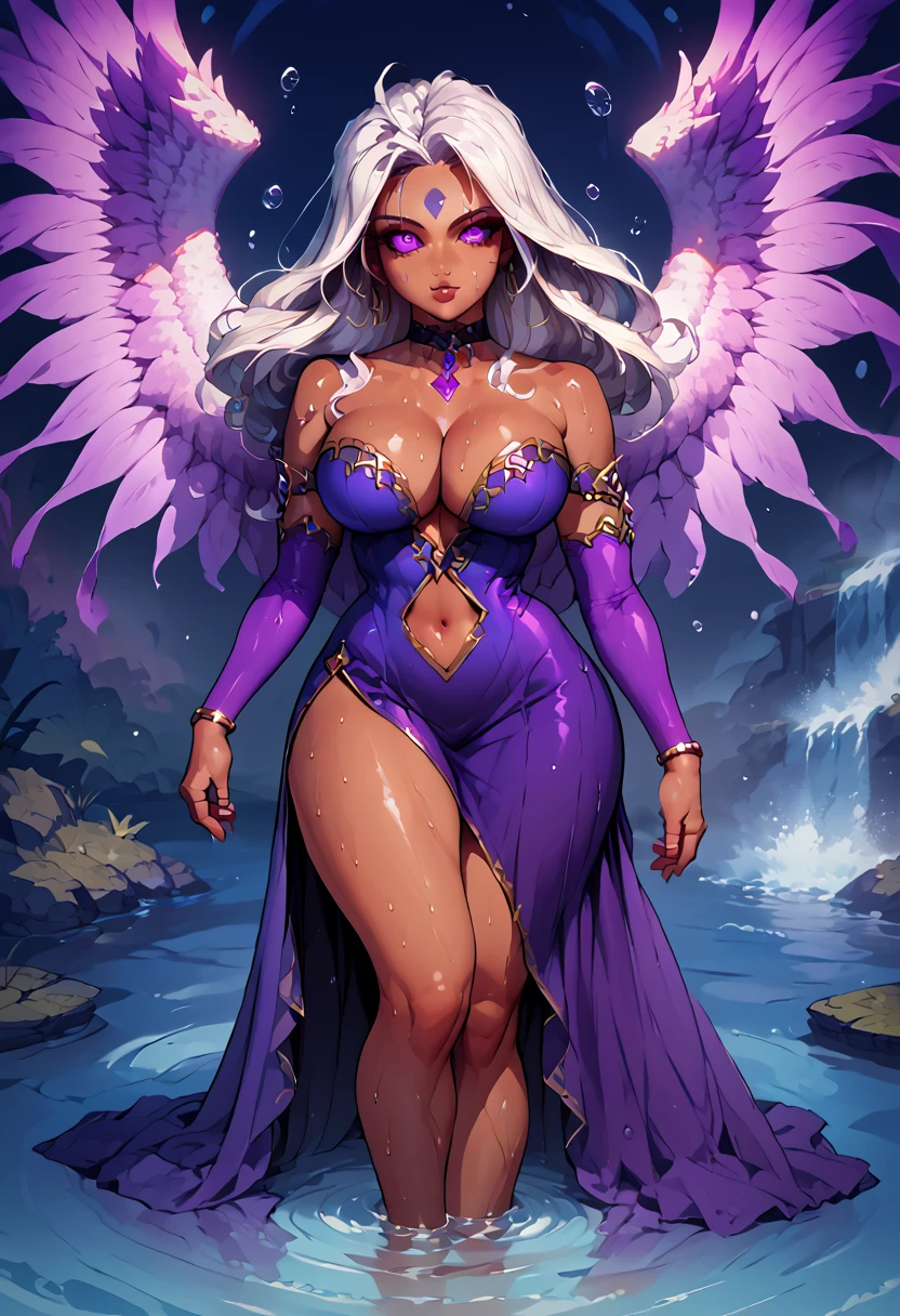 score_9, score_8_up, score_7_up, ultra detailed, full body, looking at viewer , one cute angel woman, urd, 1girl, forehead mark, facial mark, white hair, dark-skinned female, purple wings, purple eyes, long hair, large breasts, choker, center opening, two-tone dress, purple dress, black strapless dress, off shoulder, elbow gloves, navel, side slit, jewelry, bracelet, glowing eyes, dark, night, gloss lips, sweating skin, oiled skin, wet, wet skin, water drops, prefect face, large breasts, cleavage, wide hip, thick thighs, detailed feet,