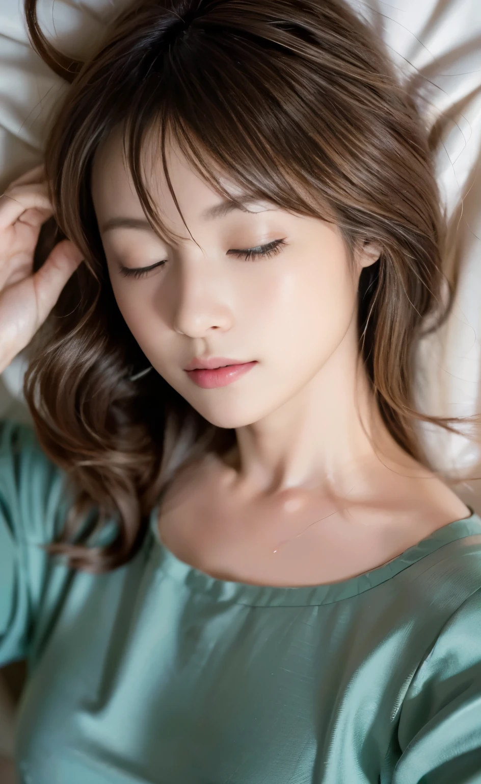 (First Person),(((Perfect anatomy with detailed depictions of the limbs))),4k,One person,As usual,Shiho-san with beautiful E-cup breasts and a slim, eight-headed, coke-bottle body,(((I put on my silk pajamas, lay my tired body on my back on the bed, close my eyes and go to sleep.))),Cute sleeping face,((Dim bedside lighting),,(RAW shooting, Photorealistic:1.5, 8k, highest quality, masterpiece, Ultra-high resolution), Perfect dynamic composition:1.2, (Clear brown eyes, Beautiful erotic eyes:0.8), (Mature:0.9, Fascinating:0.9),Bust-up shot from above,Ultra-Realistic Skin,Beautiful expression,A handsome face with a high, straight nose, clear chestnut eyes and glossy lips.,Using a Nikon D5,Setting is F value 1.4 ISO100 Shutter speed 1/500,8Khighest quality,Use the contrast of light and shadow to create a striking photograph using darkness and the morning sun,