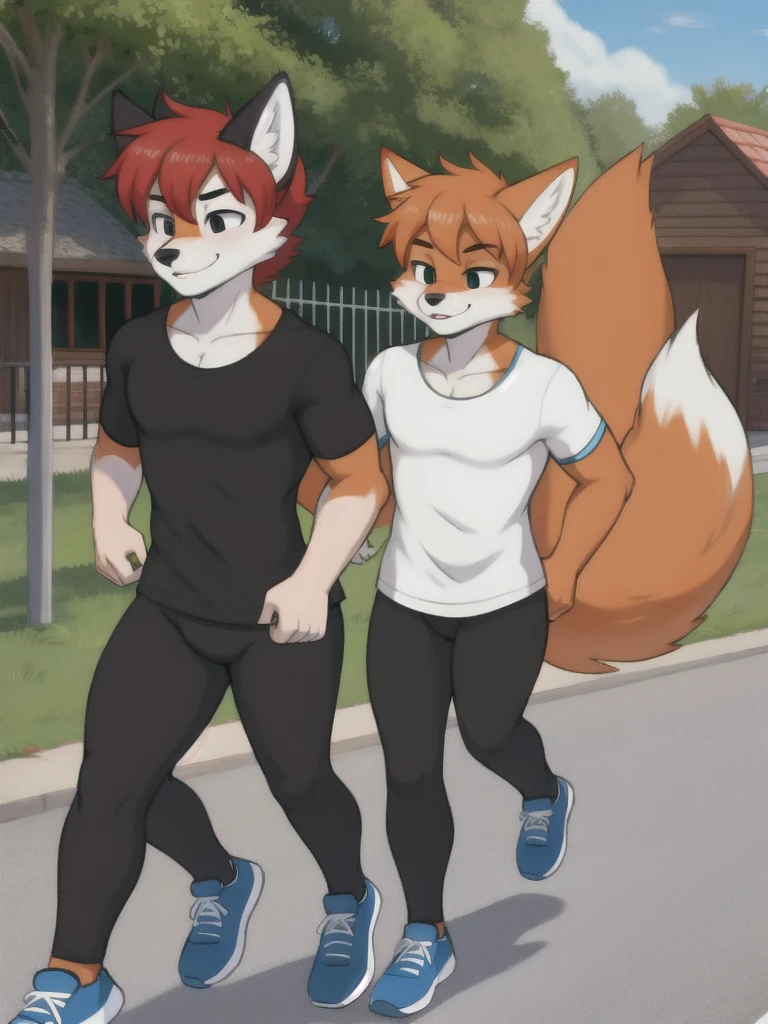 Furry, fox, male, twins, black leggings, white shirt, jogging outside the house,