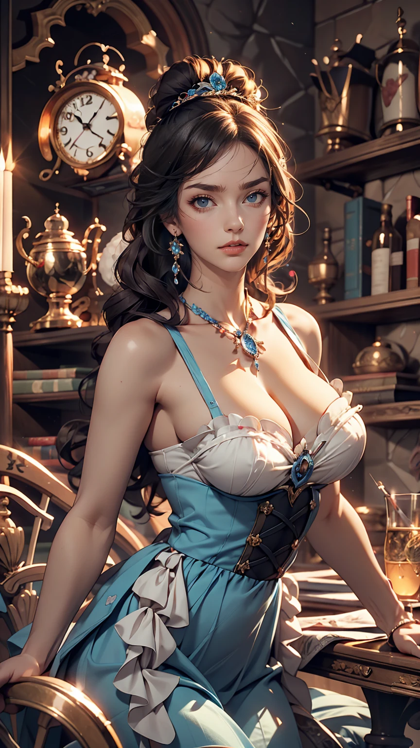 Blue delicate eyes, Alice in Wonderland、Sexy proportions、Provocative facial expression、Clock Object Background