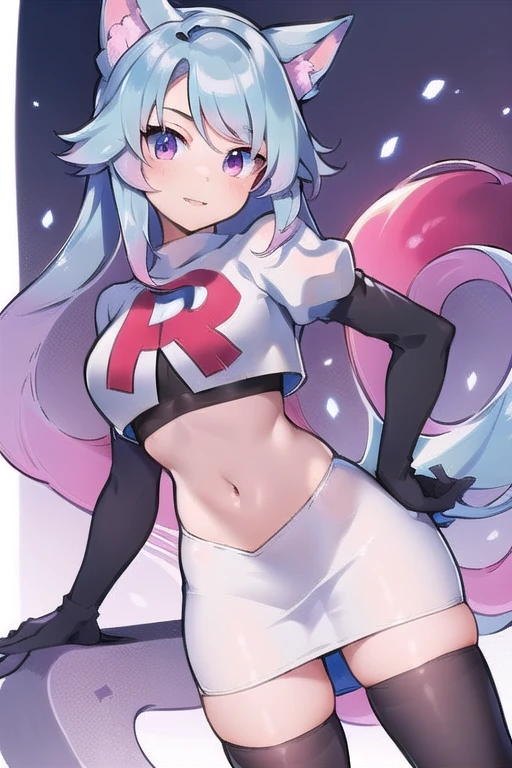 pixel-Silvervale 1girl, team rocket,team rocket uniform,white skirt,red letter R,crop top,black thigh-highs,black elbow gloves, masterpiece, best quality