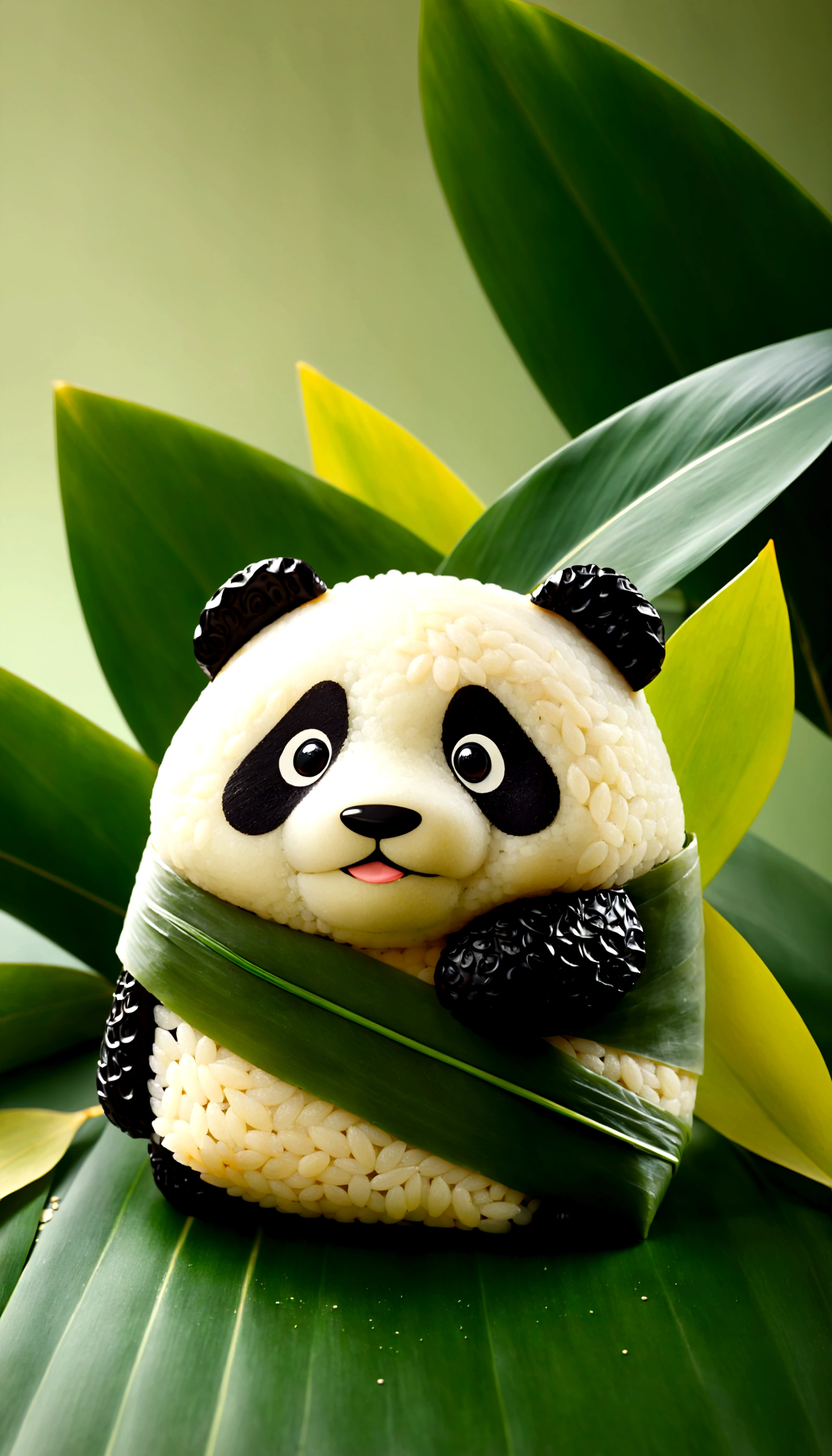 A panda-shaped rice dumpling, zoingzi, Glutinous rice texture, Light yellow, (((the lower half of the body is wrapped in tapered leaves))), made of glutinous rice, has a cute expression, the head sticking out of the leaves, equidistant, cartoon-style, Macro Lens, studio light, bold color scheme