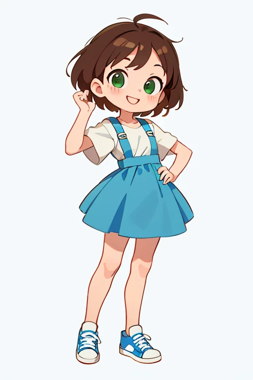 simple chibi style drawing of a cute girl smiling doing a straight pose while standing, wearing a blue dress and white sneakers, brown hair and green eyes, chibi style full body