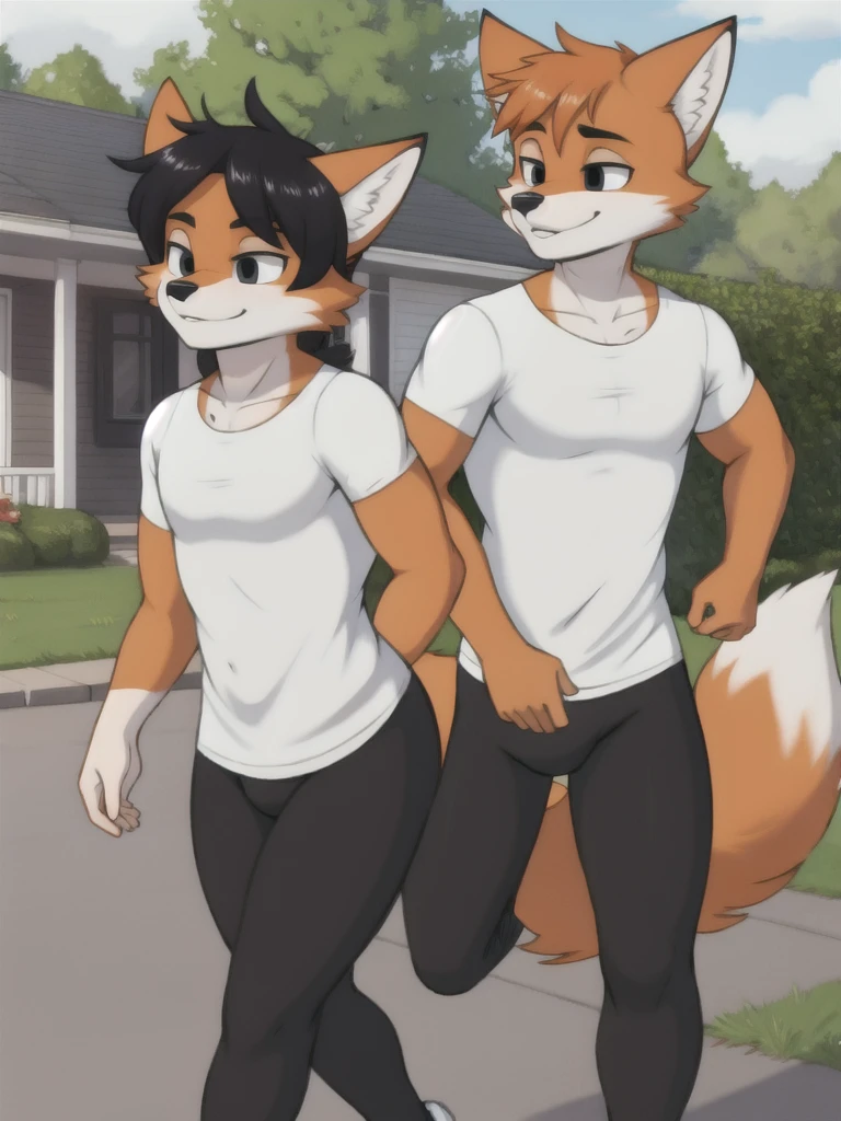 Furry, fox, male, twins, black leggings, white shirt, jogging outside the house, teen