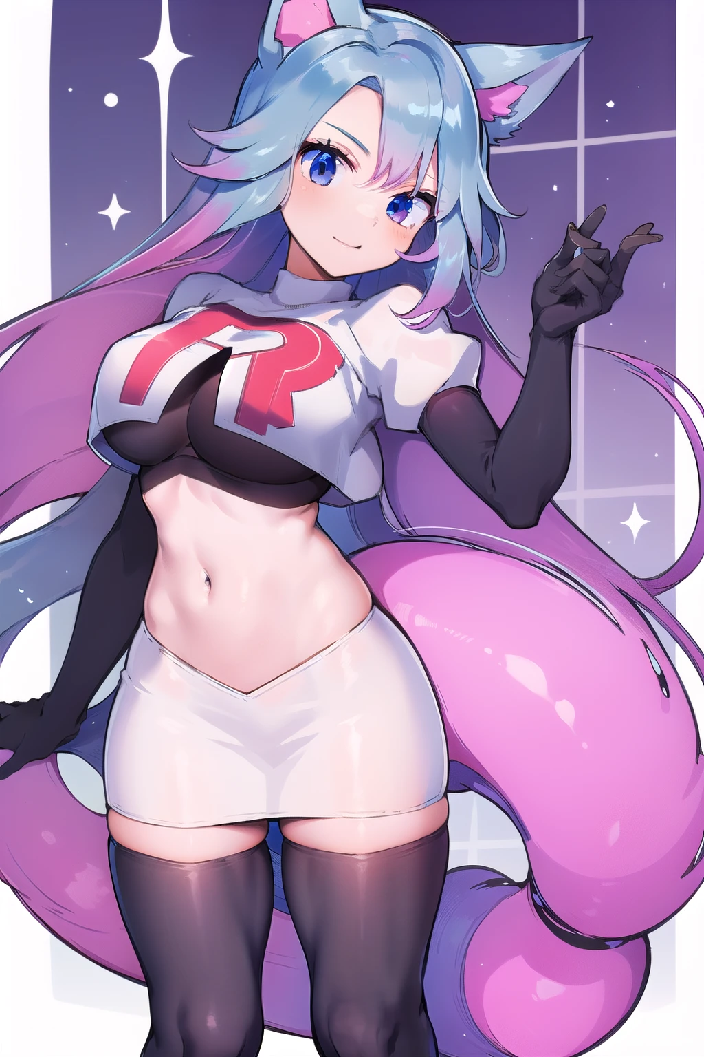 pixel-Silvervale 1girl, team rocket,team rocket uniform,white skirt,red letter R,crop top,black thigh-highs,black elbow gloves, masterpiece, best quality