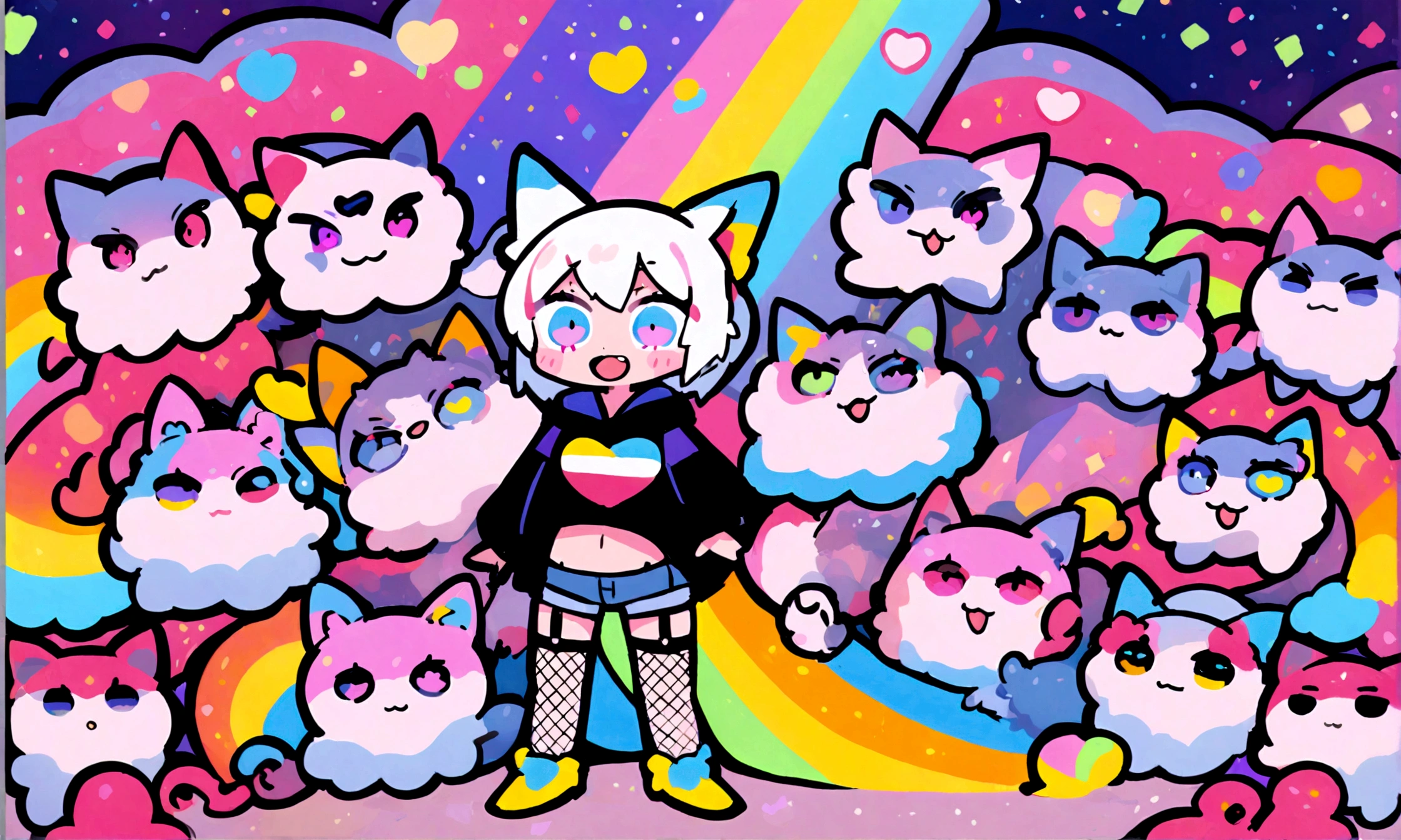 a cute chibi style adult male with wolf ears, white hair, has a wolf tail, wearing a loose cropped oversized black hoodie, wearing a pair of denim short shorts and fishnet stockings, thick thighs, wide hips, dancing on mound of fluffy multi colored kawaii plushies, short, very slim, showing slender tummy, heart on hoodie, squishy thighs, has glowing blue eyes. alone, solo (ALONE)(SOLO), surrounded by rainbows, colorful galaxy backround, big happy open mouthed smile on his face