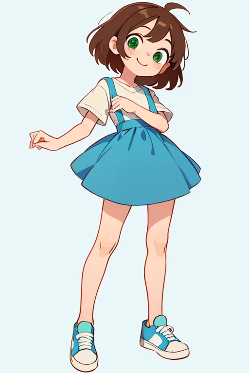 simple chibi style drawing of a cute girl smiling doing a straight pose while standing, wearing a blue dress and white sneakers, brown hair and green eyes, chibi style full body
