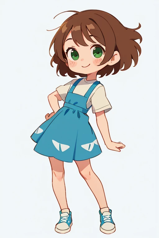 simple chibi style drawing of a cute girl smiling doing a straight pose while standing, wearing a blue dress and white sneakers, brown hair and green eyes, chibi style full body