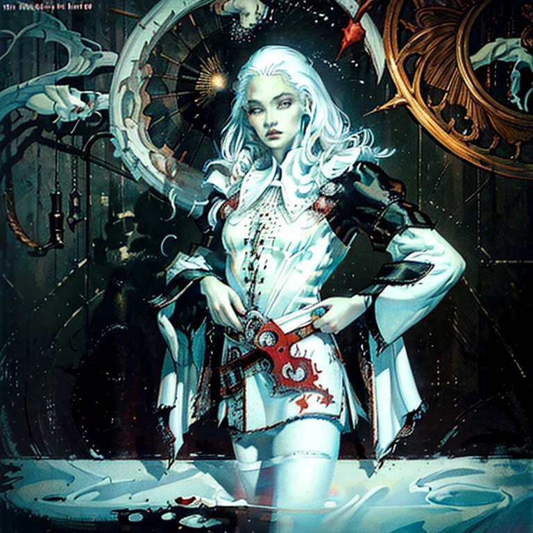 ((ultra realistic illustration:1.3)),(black clothing), Cute 18 yo (albino:1.4)woman of Slavic descent.(short:1.1), , long white hair, gray eyes, ((very pale:1.4)). Innocent look. Gentle spirit.(virgin), (joy:1.2),(smile:1.3). (Playful:1.2). Mascara, eyeglasses, red lipstick, dress, (black pantyhose), pumps. Masterpiece, (highly detailed:1.2),(detailed face and eyes:1.2), 8k wallpaper, Moody lighting. core shadows, high contrast, bokeh.