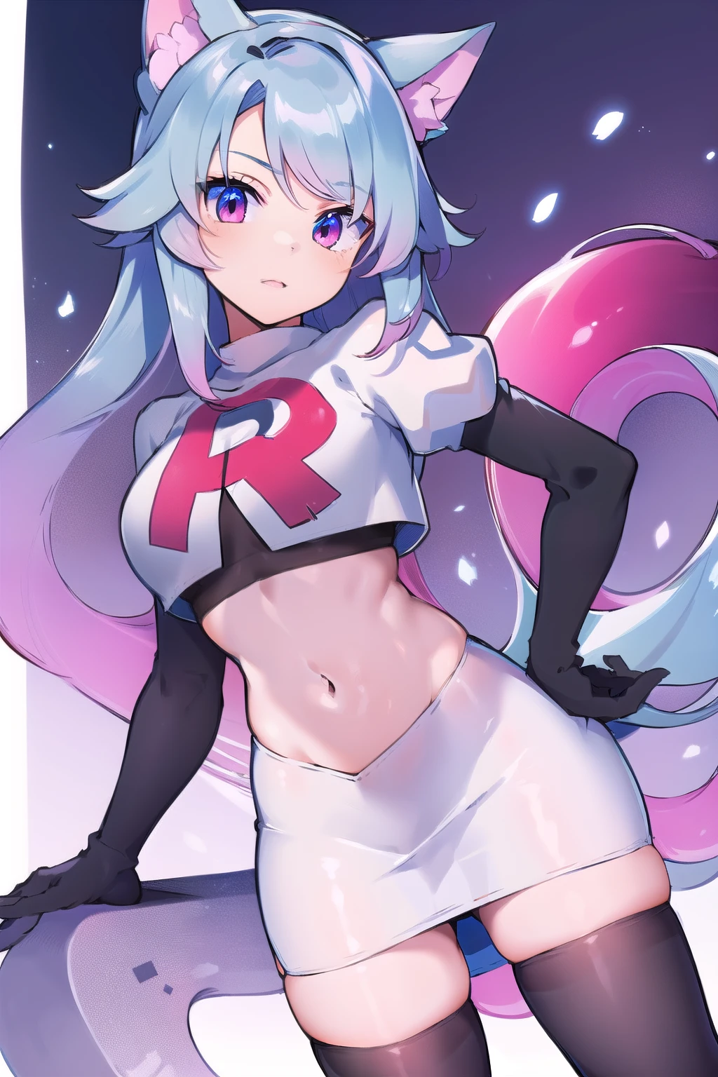 pixel-Silvervale 1girl, team rocket,team rocket uniform,white skirt,red letter R,crop top,black thigh-highs,black elbow gloves, masterpiece, best quality