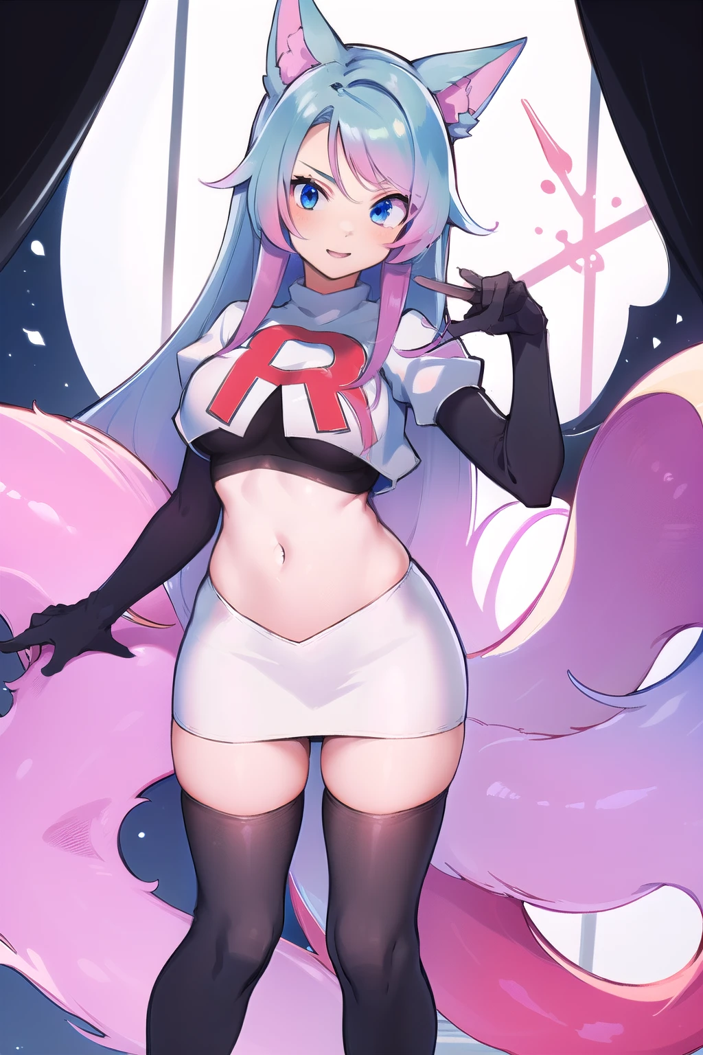 pixel-Silvervale 1girl, team rocket,team rocket uniform,white skirt,red letter R,crop top,black thigh-highs,black elbow gloves, masterpiece, best quality