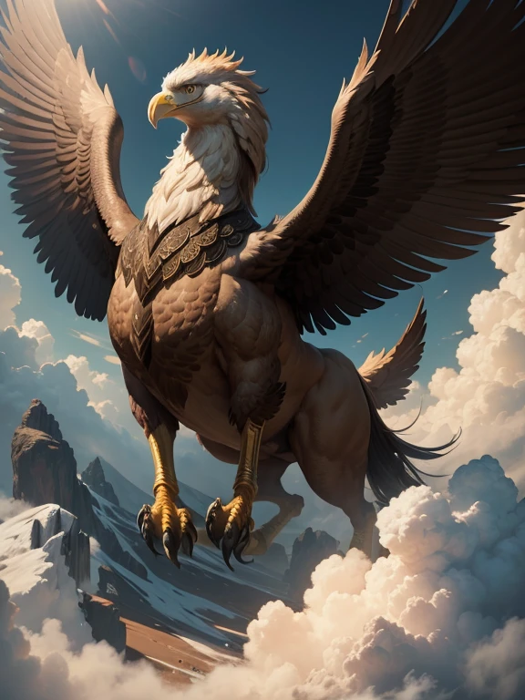 griffin, Mythical Beast, Four legs, two wings, Horse body, Covered with feathers, Brown feathers, Eagle Head, Super detailed, high quality, 8k resolution