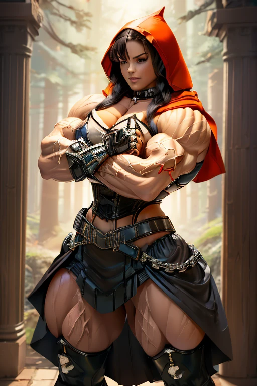 (((Massive, beautiful, light brown skinned, buff, muscular woman with black hair, black lipstick, ginormous bulky muscles and wearing a mechanized red riding hood cosplay with a beautiful long skirt))), {close view}, massive muscles, massive biceps, hyper muscle shoulders, vascular shoulders, hyper muscle triceps, (long straight hair), orange eyes, red hood cosplay, corset, long beautiful skirt, chain belt, choker, thigh high heels, (in a forest), fingerless gloves, closed smile, night, hyper vascular arm, hyper muscles arms, hyper muscle legs, massive arms.