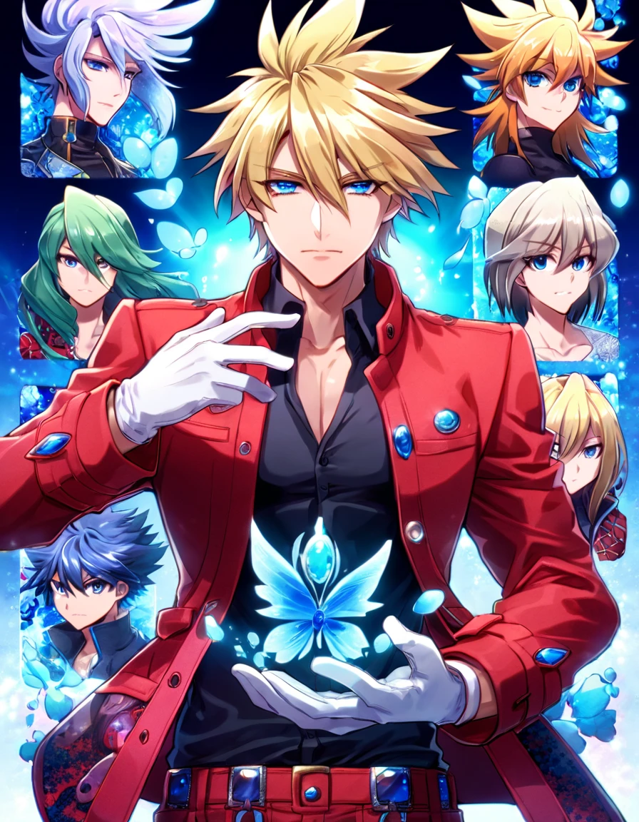 Ultra detailed, highres, absurdres, HDR, master piece, Spectra Phantom, blond spiked hair, middle hair, expressive blue eyes, Bakugan battle Brawlers (New Vestroia), red jacket with fur, white gloves, black shirt with patterns, fantasy, petals, blue flowers, glittering blue butterflies, blue background, water, sexy man, handsome, magic, best quality, extremely detailed face and eyes, solo, toned chest