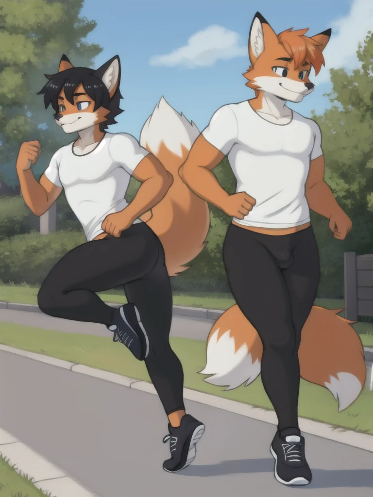 Furry, fox, male, twins, black leggings, white shirt, jogging outside the house,